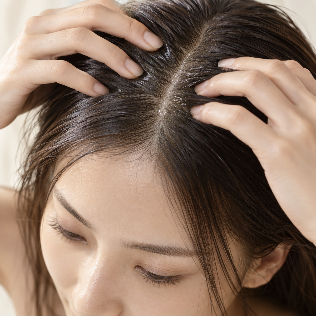 Model gently massaging scalp along a clean hair parting