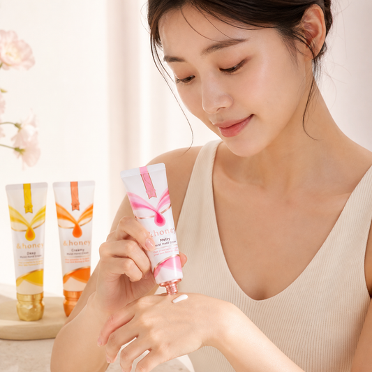Model applying &honey Melty Moist Hand Cream
