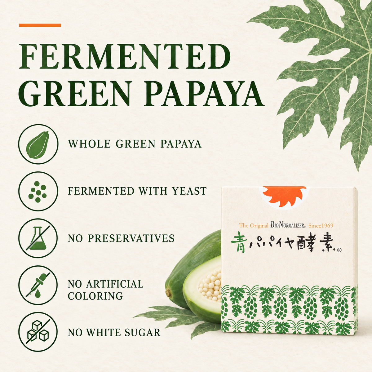 Características do produto de mamão verde fermentado Aopapaya Enzyme