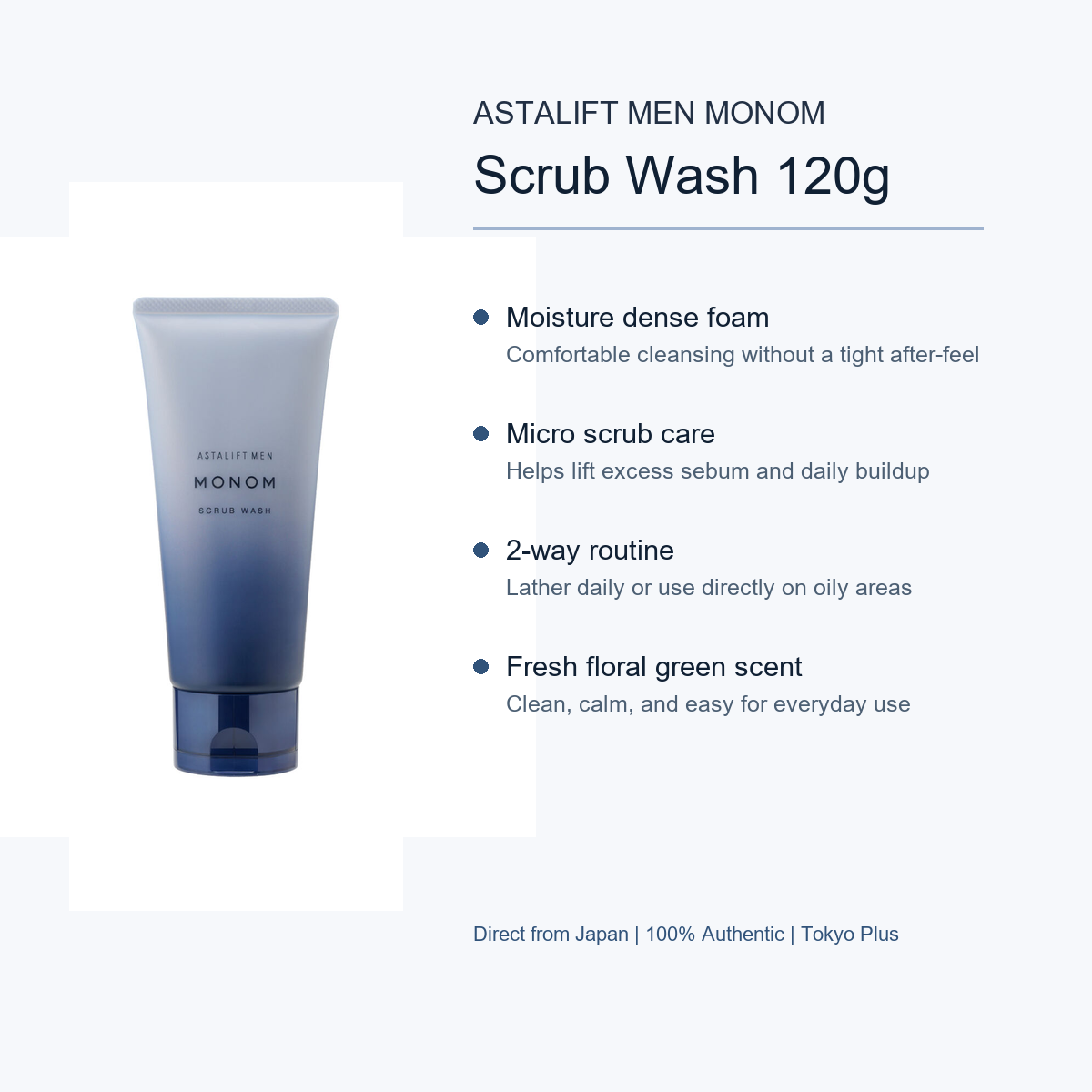 ASTALIFT MEN MONOM Scrub Wash benefits image with separated product and text