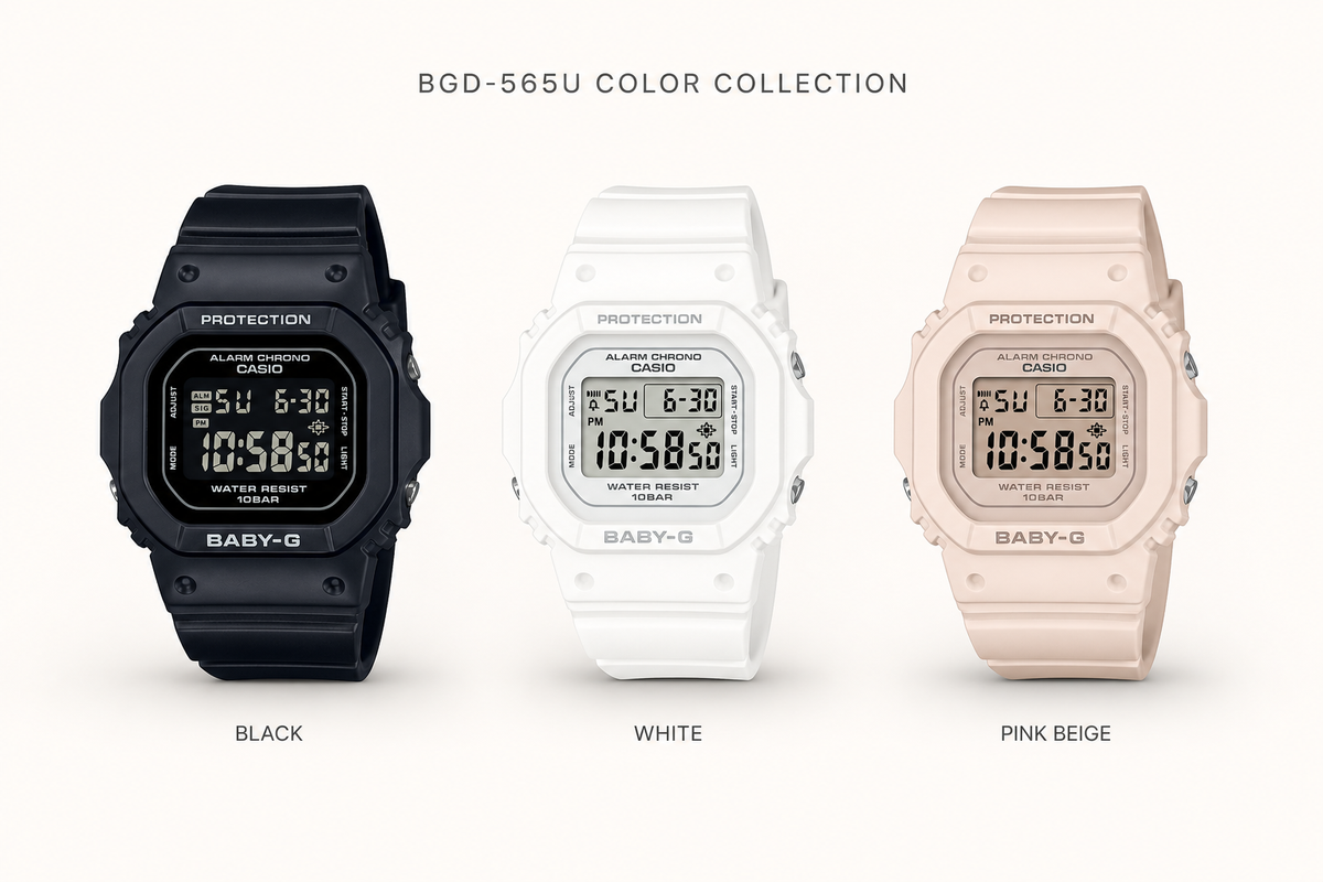 CASIO BABY-G BGD-565U color comparison: Black, White, Pink Beige