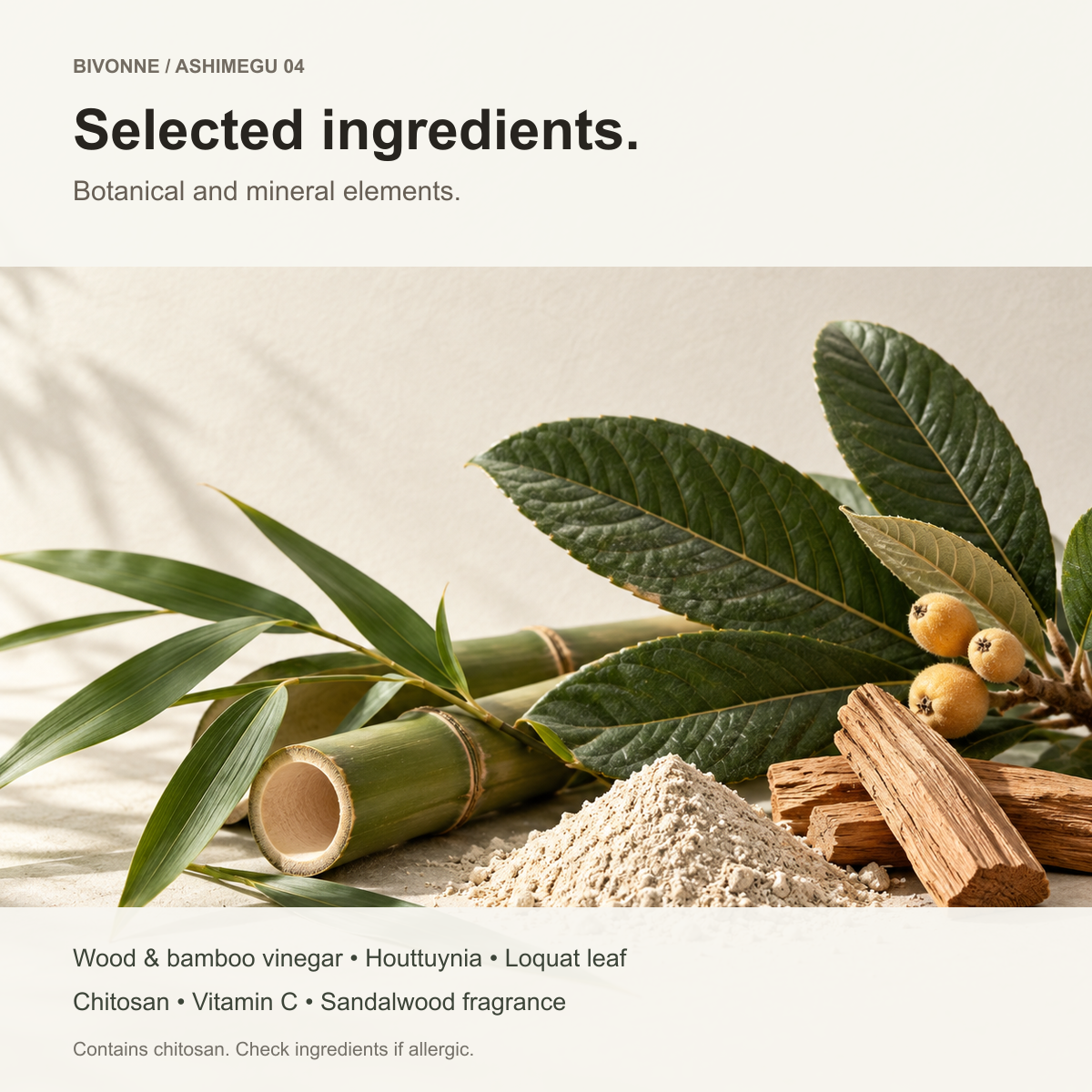 Illustrative ingredient still life with bamboo and loquat leaf