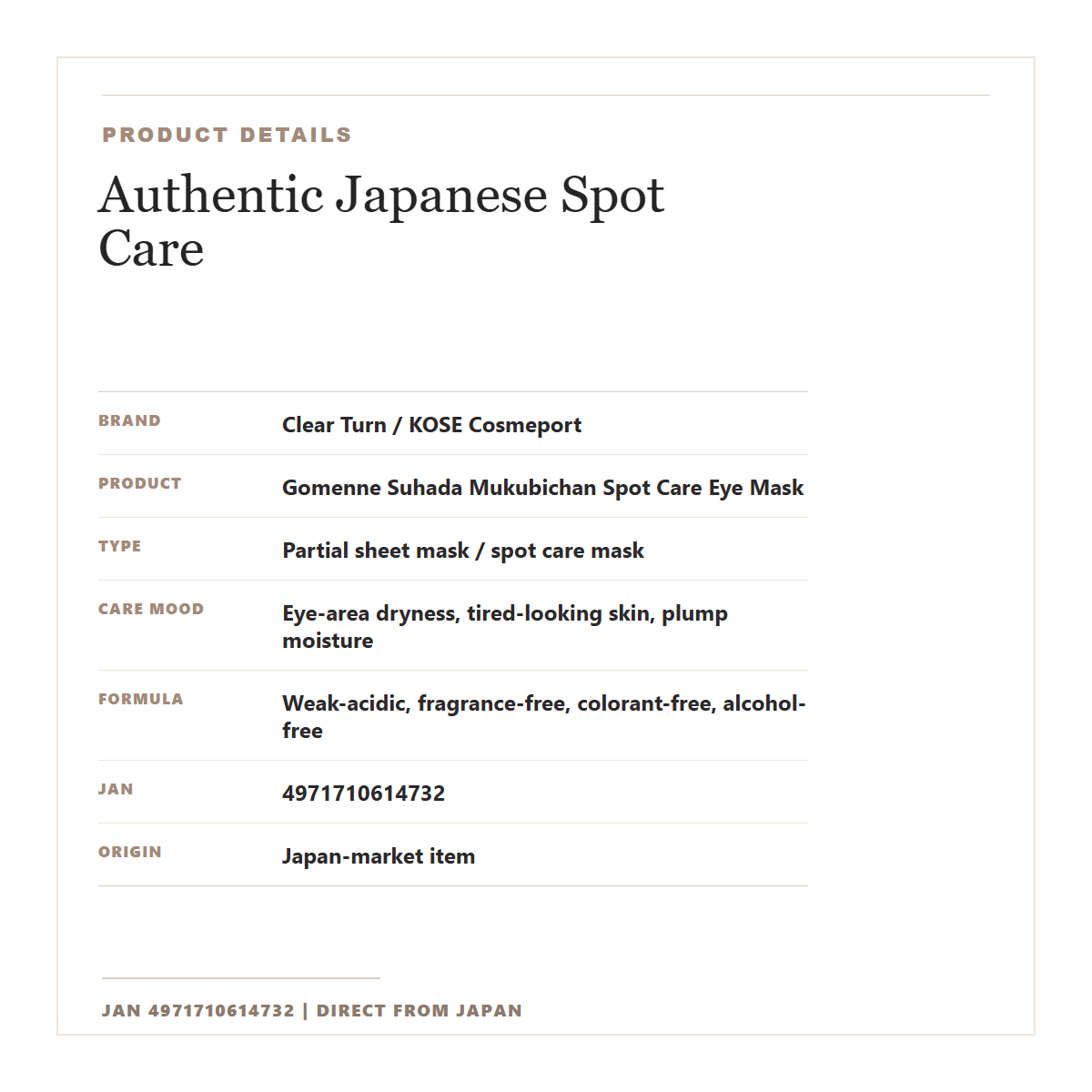 Clear Turn Mukubichan Spot Care Eye Mask Japan-market product details