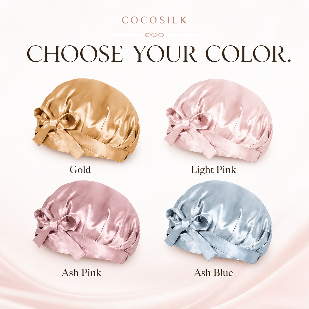 COCOSILK silk nightcap color options: Gold, Light Pink, Ash Pink, and Ash Blue