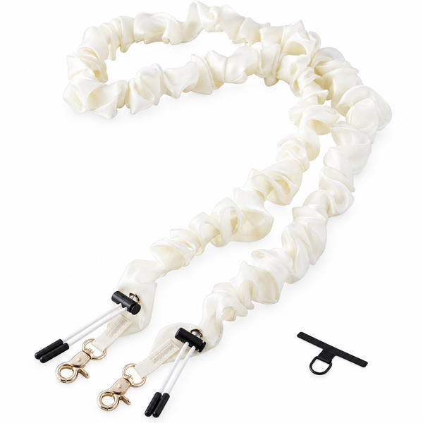 Elecom ivory scrunchie smartphone shoulder strap with strap-hole sheet on white background, square catalog image