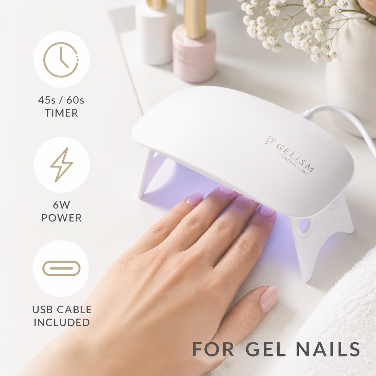 GELiSM UVLED nail light timer, power and USB cable features