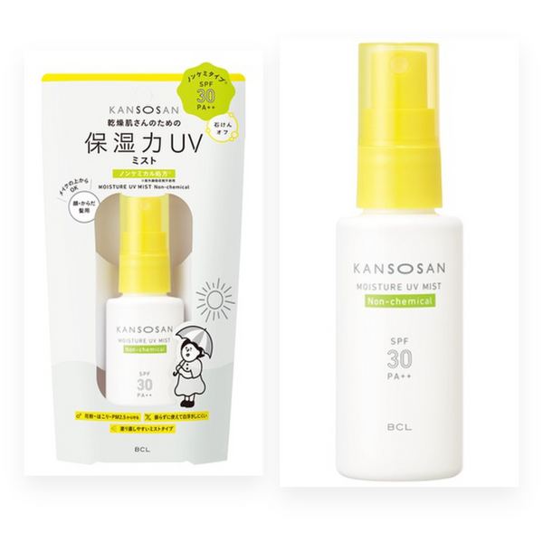 KANSOSAN Moisturizing UV Mist Non-Chemical SPF30 PA++ 50mL original package and bottle