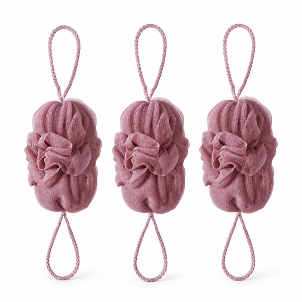 Três bolas de malha de lavagem corporal MARNA Ash Plum Pink elástico em branco
