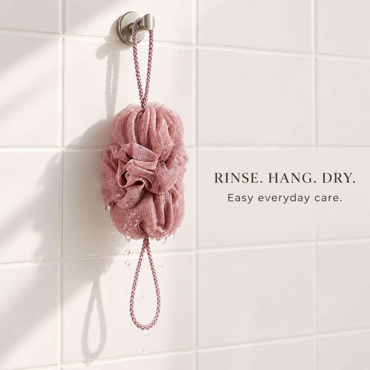 MARNA plum pink body mesh hanging to dry after rinsing