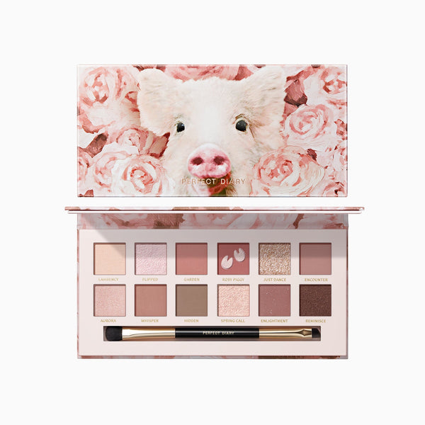 Official PERFECT DIARY Explorer Piggy Rose Pink 12-shade palette, closed and open, on white