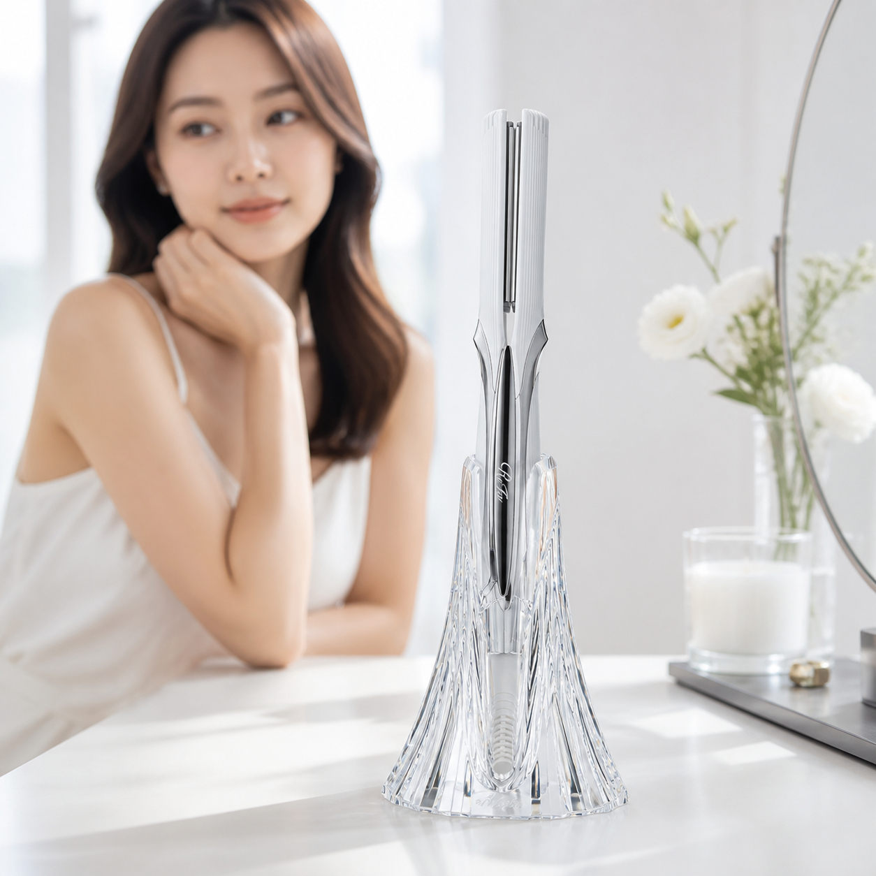 ReFa Straight Iron Pro placed in the clear faceted holder on a vanity table
