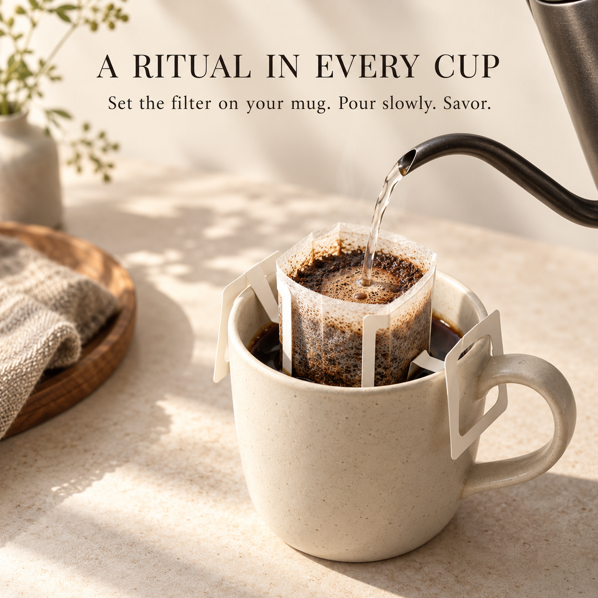 Cup-on drip coffee brewing ritual