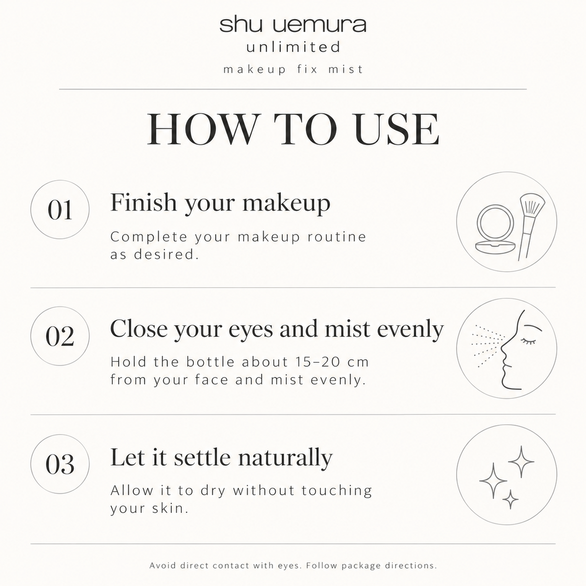 English how-to-use guide for Unlimited Makeup Fix Mist