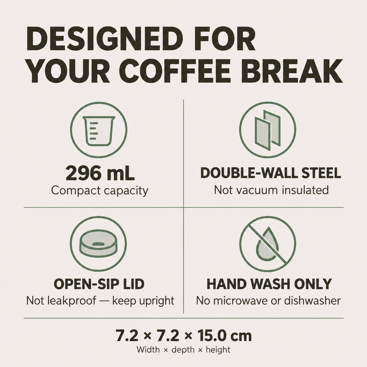 Capacity dimensions and important cup care instructions
