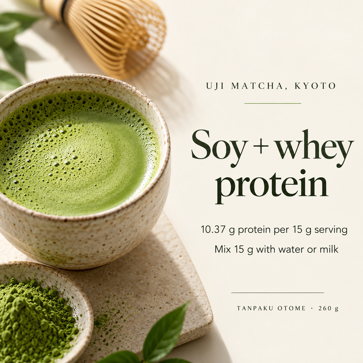 Uji matcha soy and whey protein: 10.37g protein per 15g serving