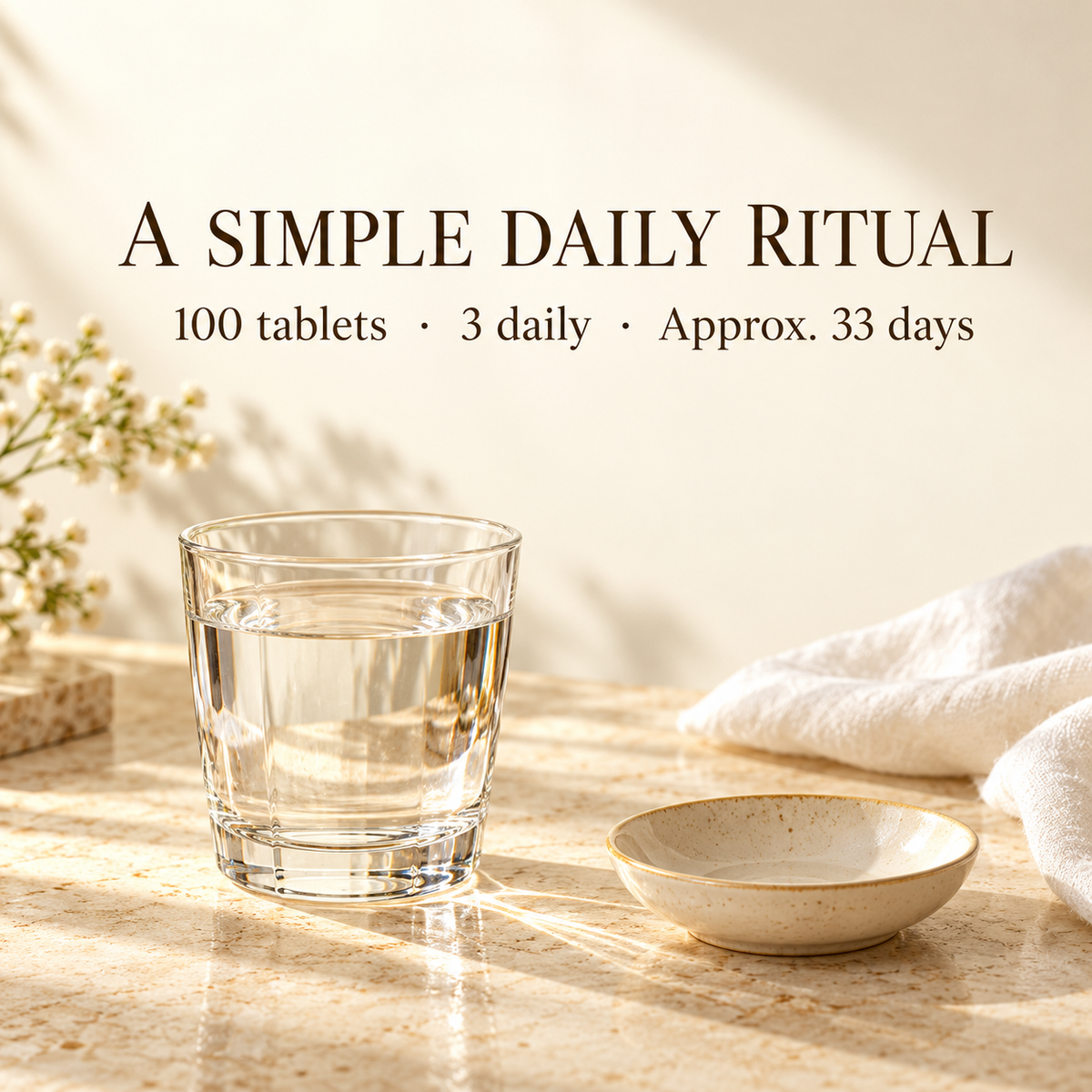 Royal jelly daily ritual: 100 tablets, three per day, approximately 33 days
