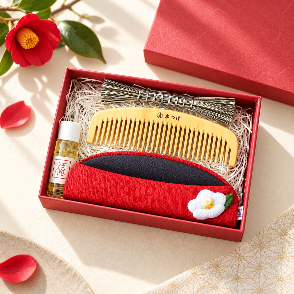 Japanese hon-tsuge comb gift care set in gift presentation