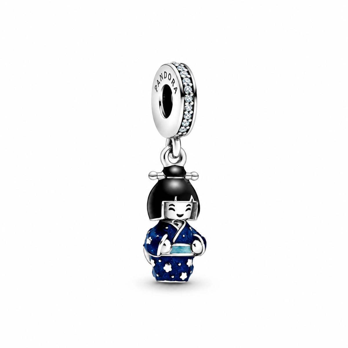 Pandora blue kimono doll charm on white square background