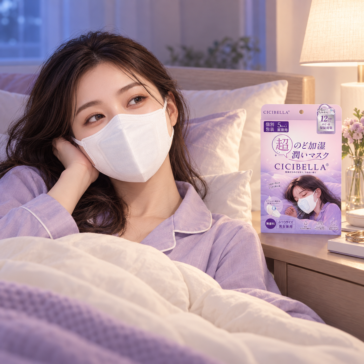 Japanese woman wearing CICIBELLA humidifying mask before sleep