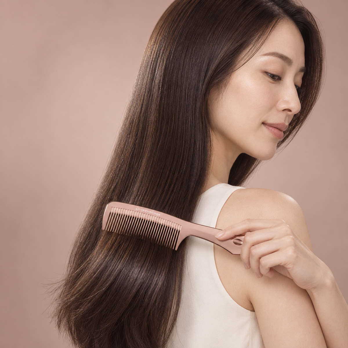 Japanese woman using the LOVECHROME K24GP Tetsuki Rose Gold hair comb