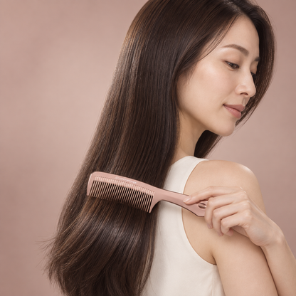 Japanese woman using the LOVECHROME K24GP Tetsuki Rose Gold hair comb