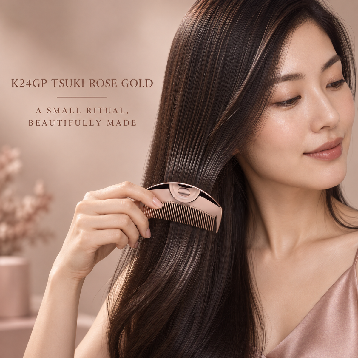 Japanese woman using LOVECHROME K24GP Tsuki Rose Gold comb