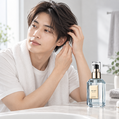 Japanese man applying NILE Airy Light Hair Oil