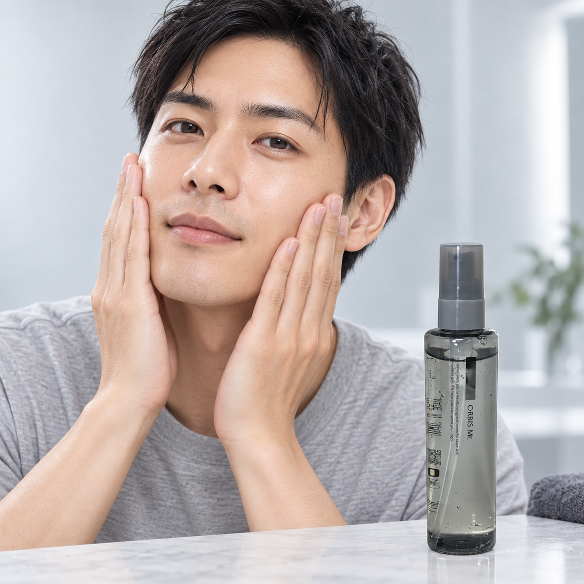 Japanese man applying ORBIS Mr. Essence Lotion after cleansing