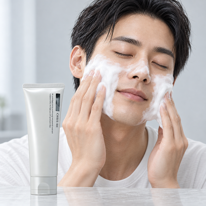 Japanese man cleansing with ORBIS Mr. Foaming Wash