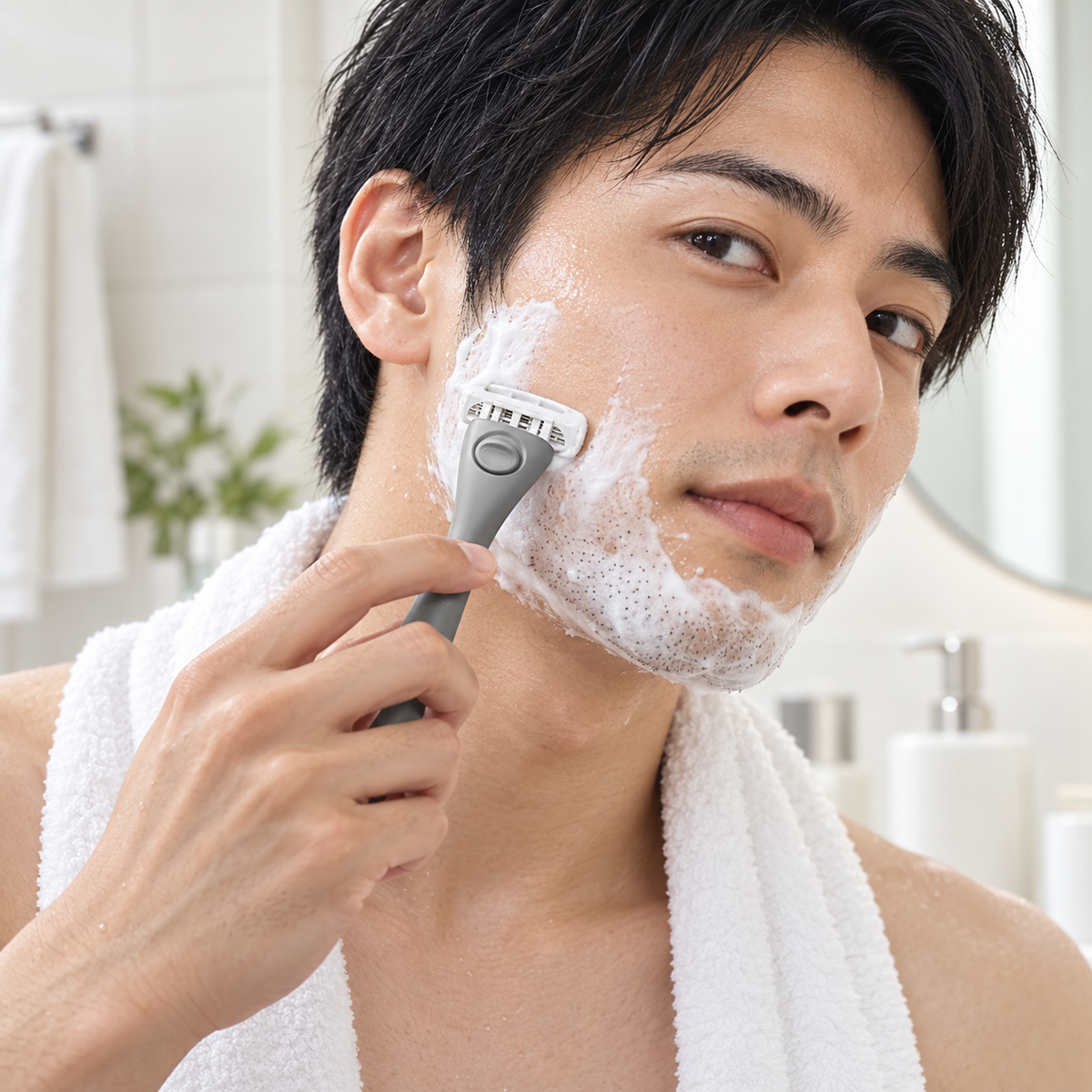 Man shaving with Schick FIRST Ash Grey razor