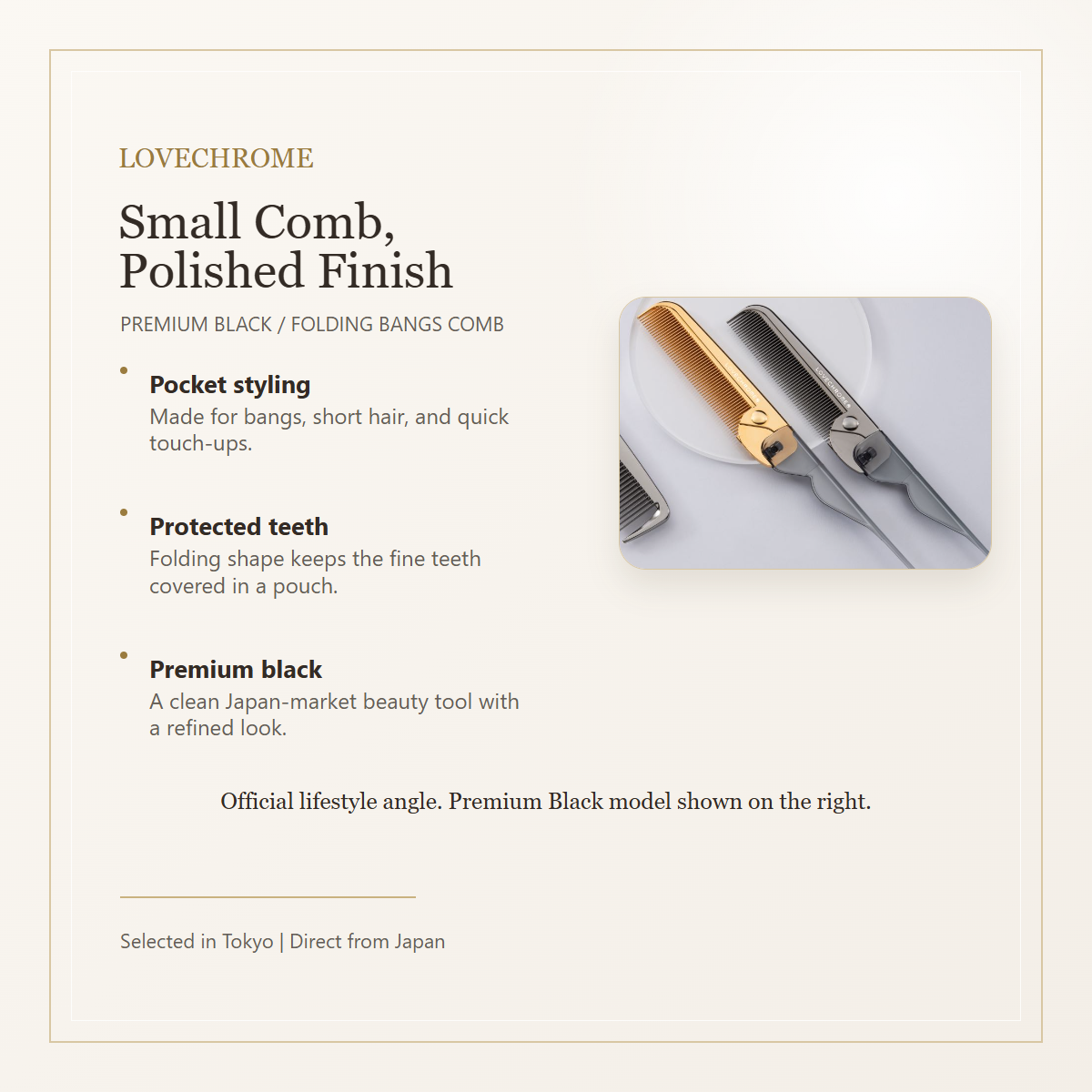 LOVECHROME PG Bangs Comb Premium Black alternate angle with Premium Black model