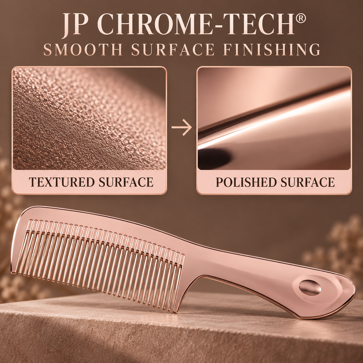 JP CHROME-TECH surface detail: textured and polished surface comparison