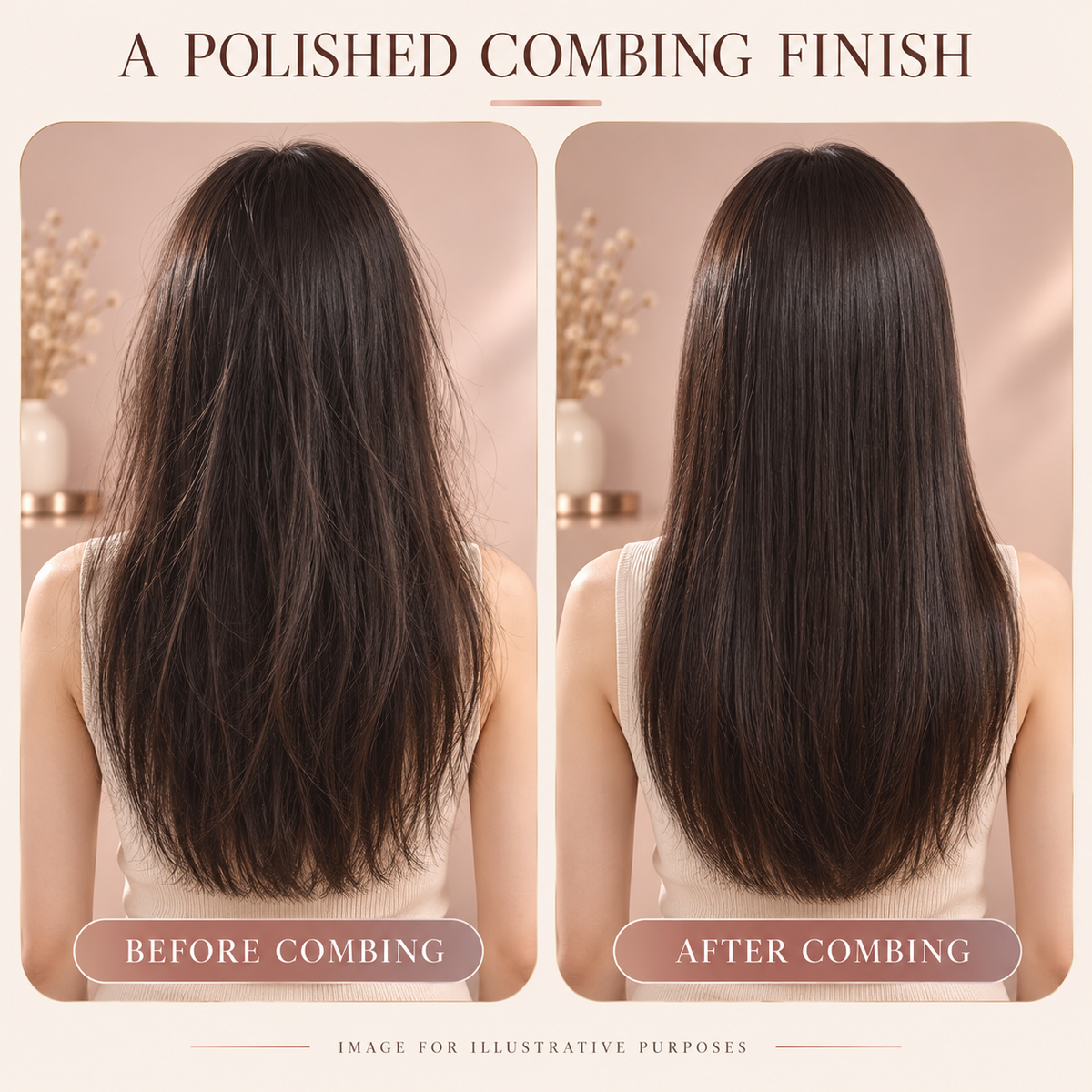 Illustrative before-and-after combing finish