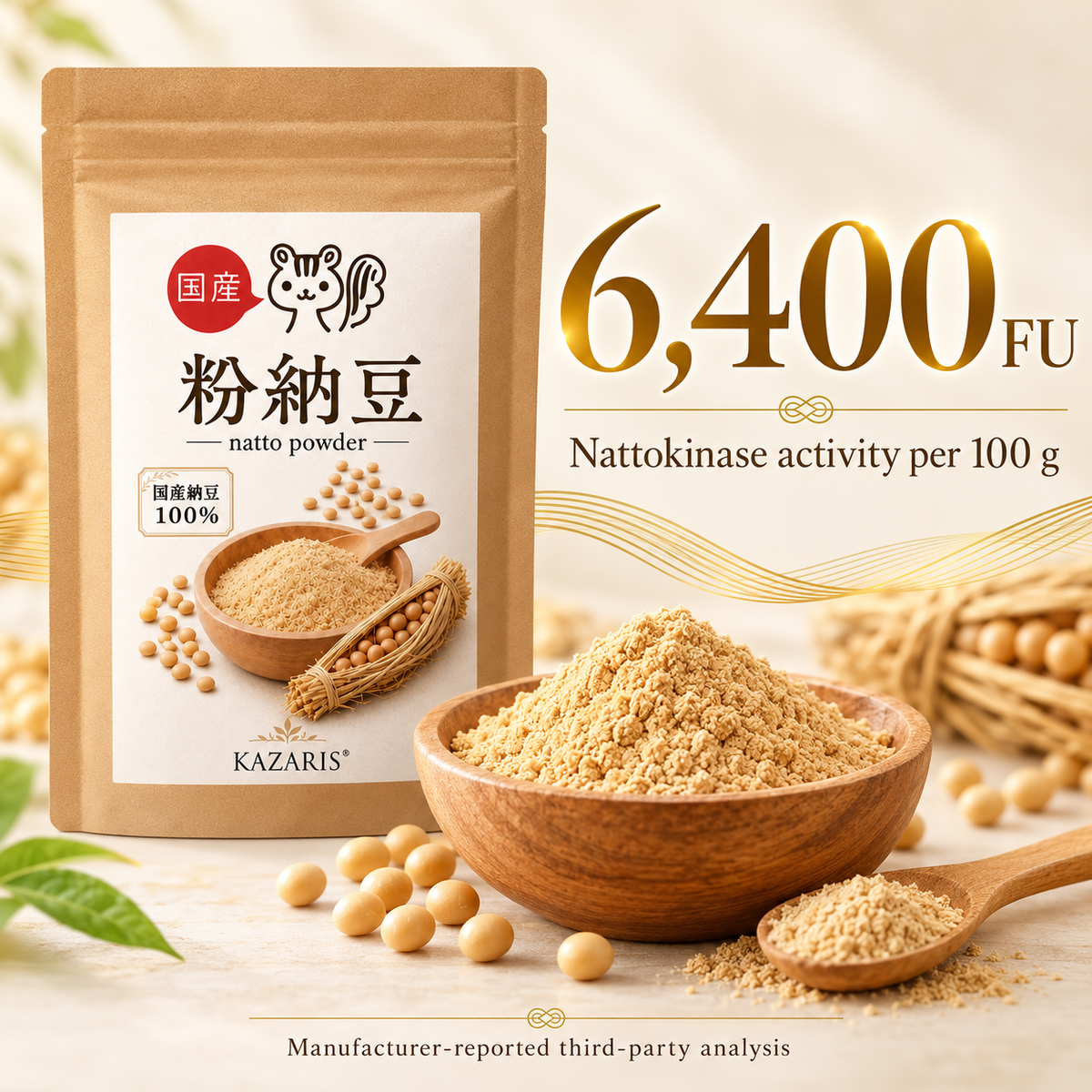 KAZARIS natto powder 6400 FU per 100 grams manufacturer-reported analysis