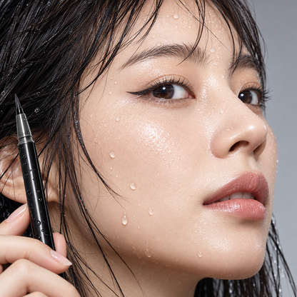 UZU Black water-resistant eyeliner on Japanese model