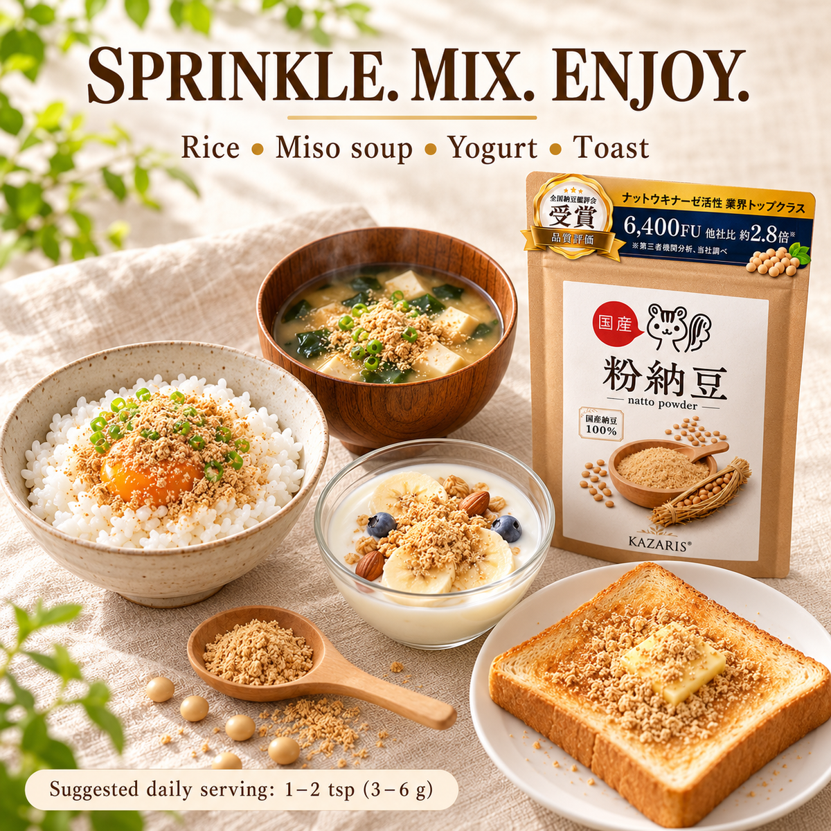 KAZARIS natto powder serving ideas with rice soup yogurt and toast