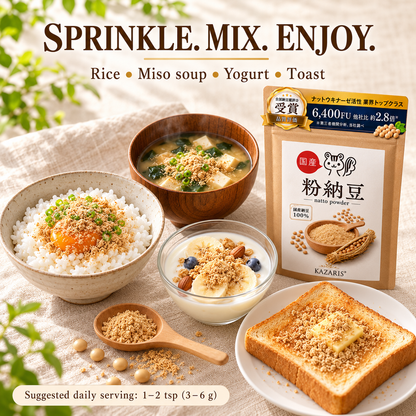 KAZARIS natto powder serving ideas with rice soup yogurt and toast