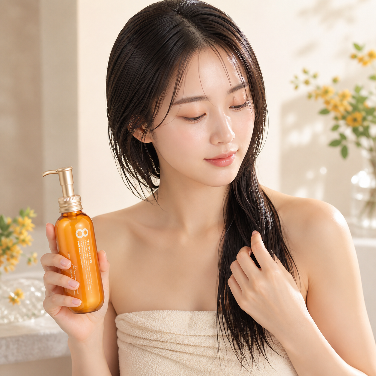 Model using 8 THE THALASSO Hair Milk