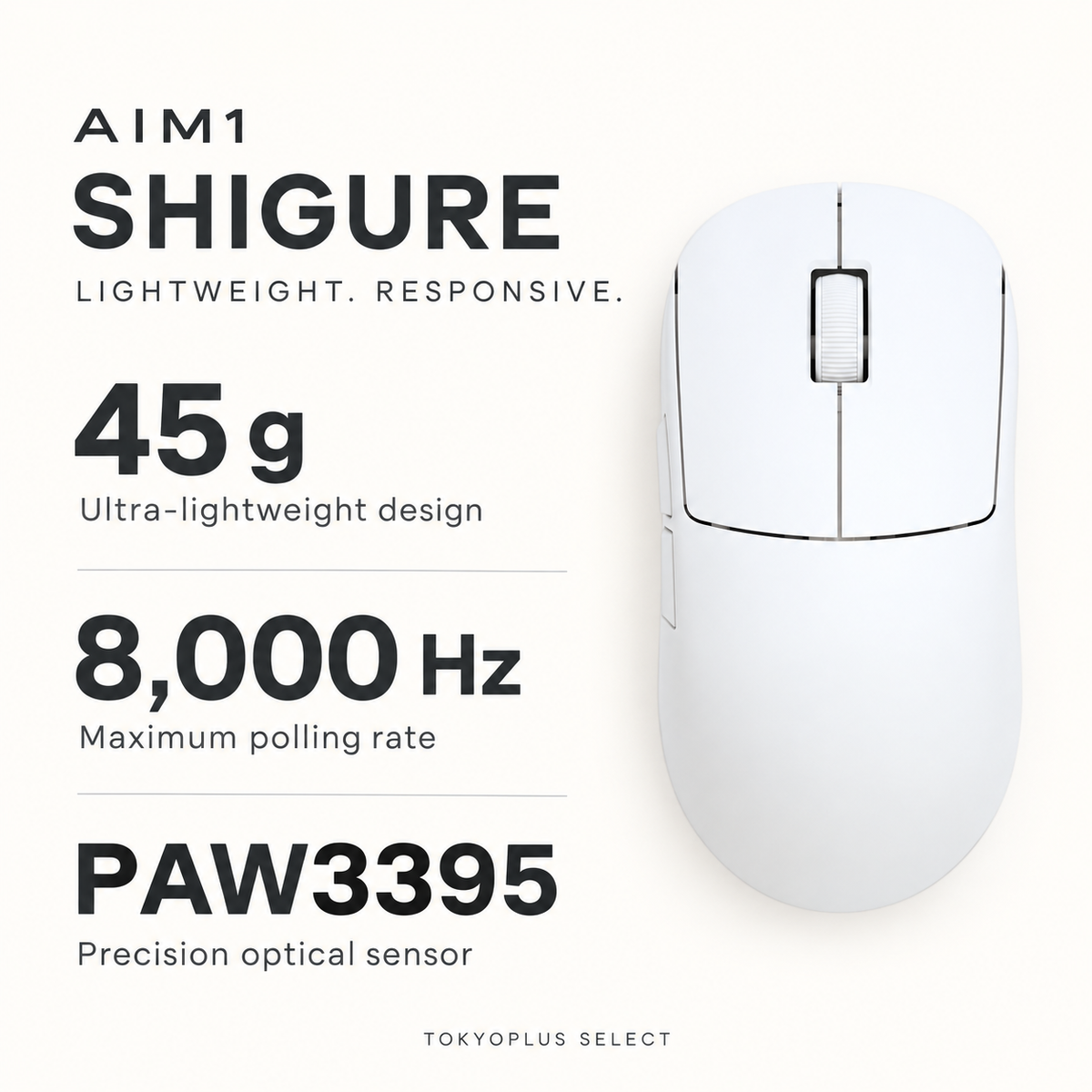 SHIGURE specifications: 45g, maximum 8000Hz polling rate, PAW3395 sensor