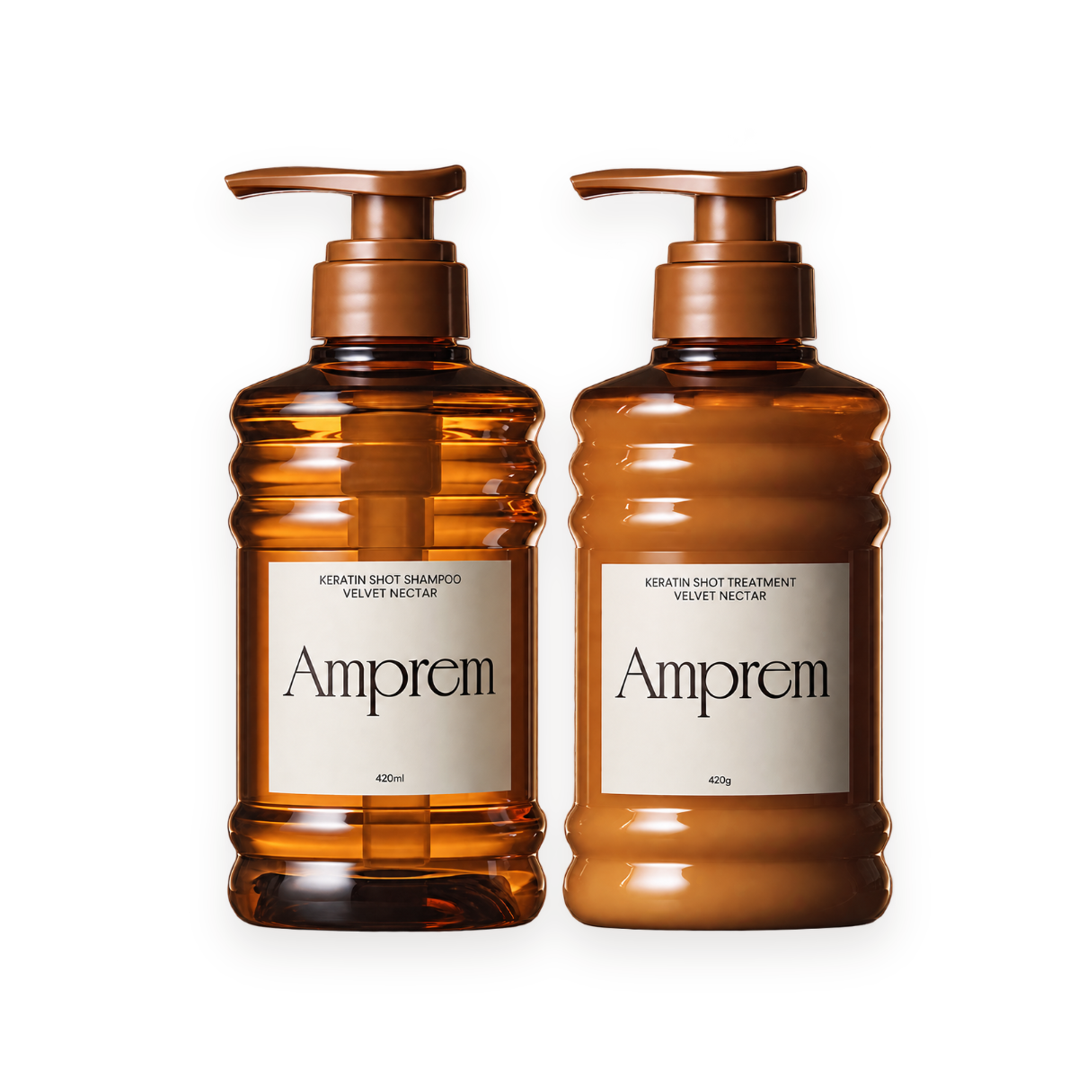 Amprem Keratin Shot shampoo and treatment set on white background