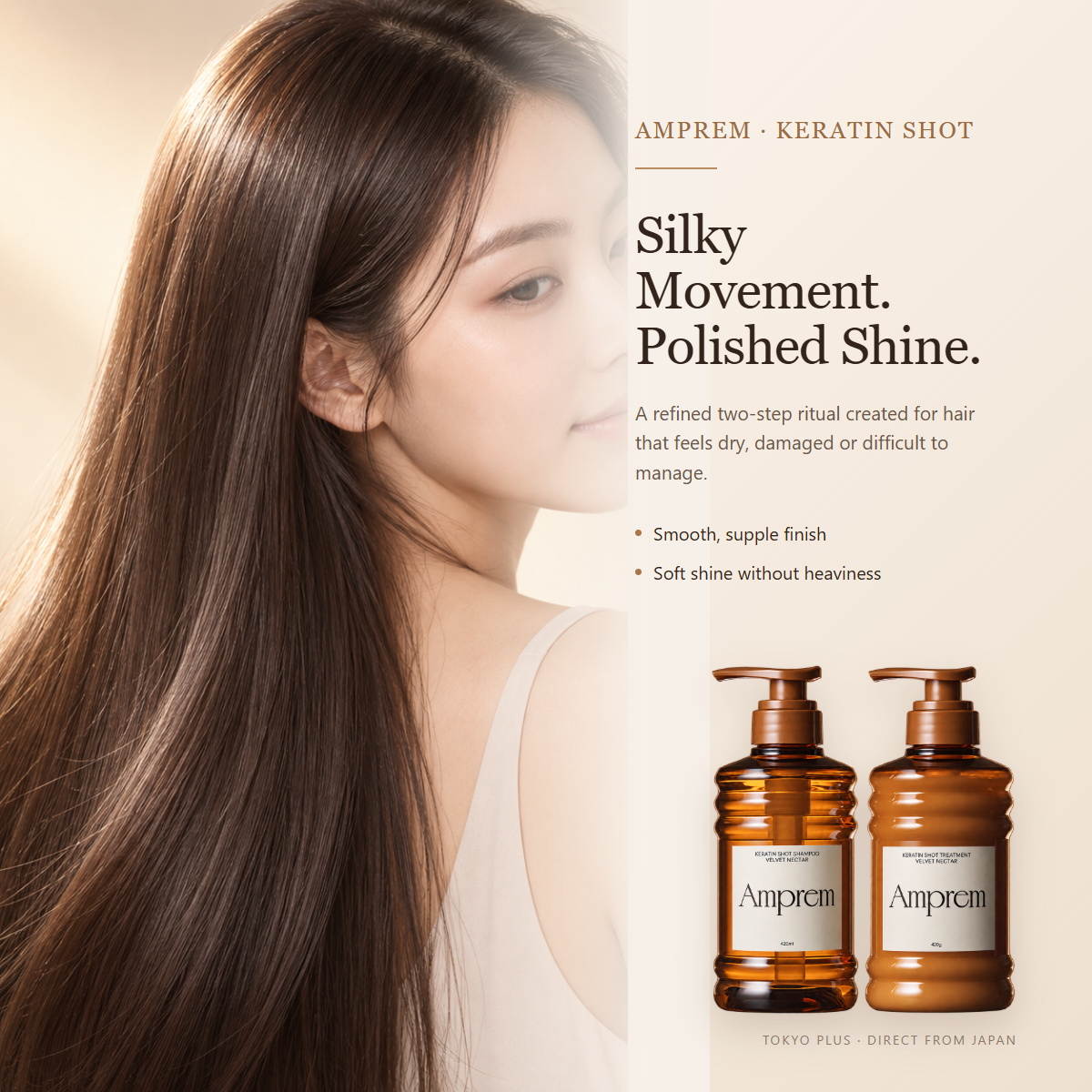Japanese model with long glossy hair and Amprem Keratin Shot set