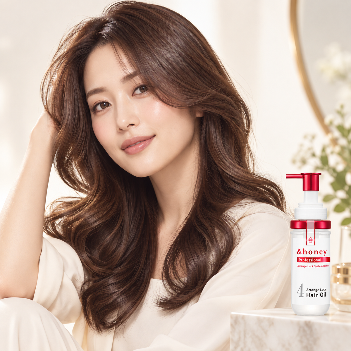 Japanese model with glossy curls beside the styling oil