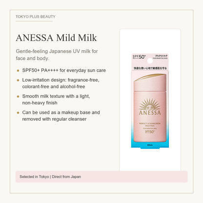 ANESSA Perfect UV Mild Milk NA gentle Japanese sunscreen overview