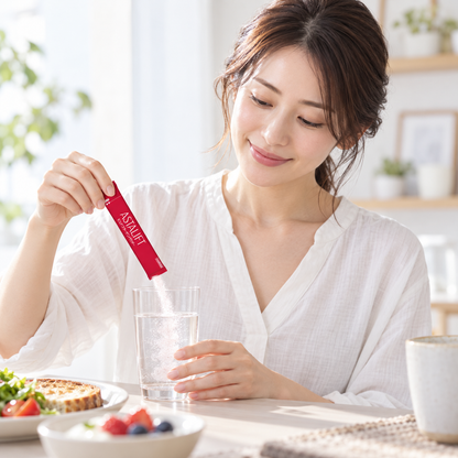 Japanese model mixing one sachet into a beverage; illustrative