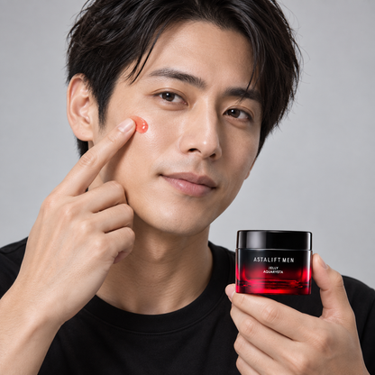 Homem japonês aplicando ASTALIFT MEN Jelly Aquarysta 60g