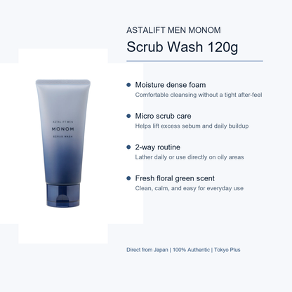 ASTALIFT MEN MONOM Scrub Wash benefits image with separated product and text