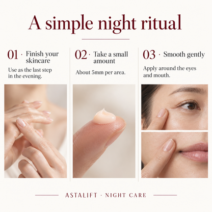 ASTALIFT Night cream usage: final evening step, 5mm amount per area, smooth around eyes and mouth