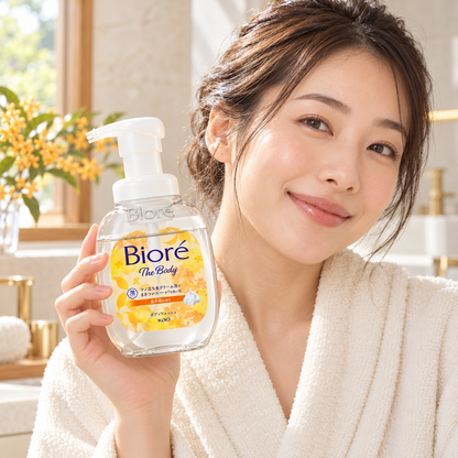 Japanese model with Biore The Body Osmanthus body wash
