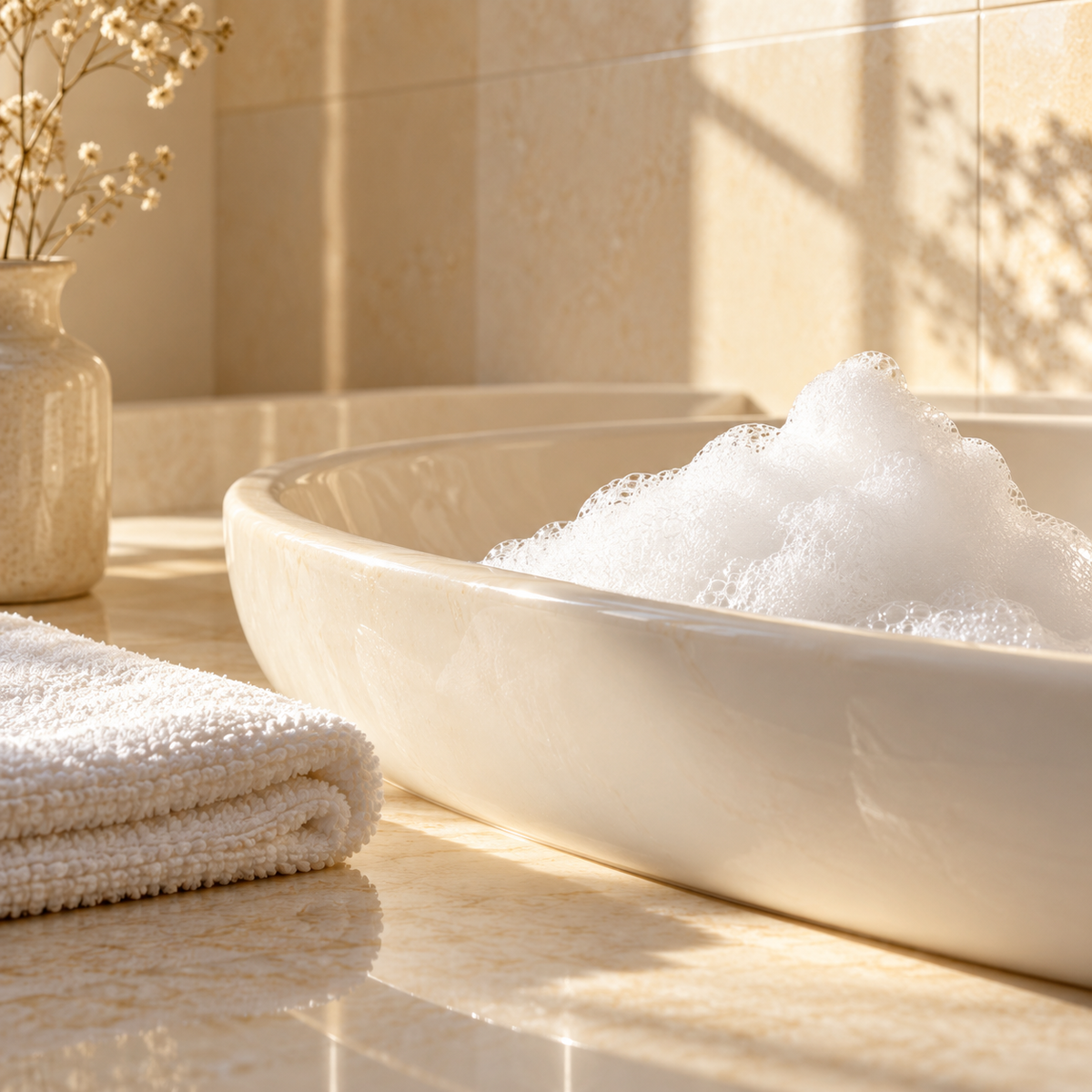 Soft foam in a calm bathroom setting