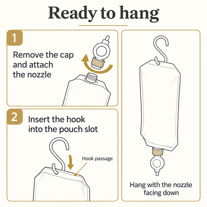 How to attach the nozzle and hook to the hanging body milk pouch